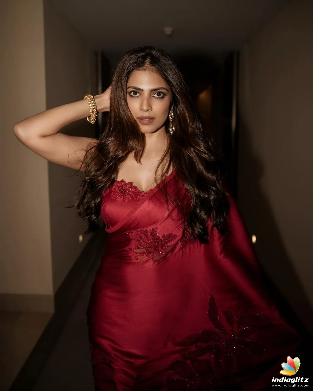 Sensual Malavika Mohanan in Dark Red Dress Portrait Image