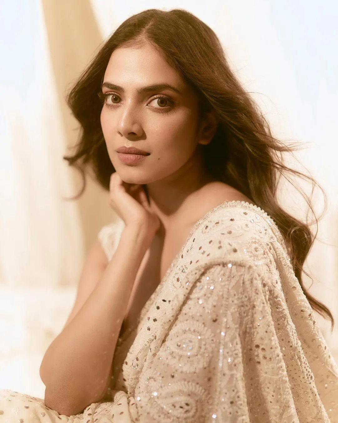 Stunning Malavika Mohanan in Cream Saree Ethnic Portrait