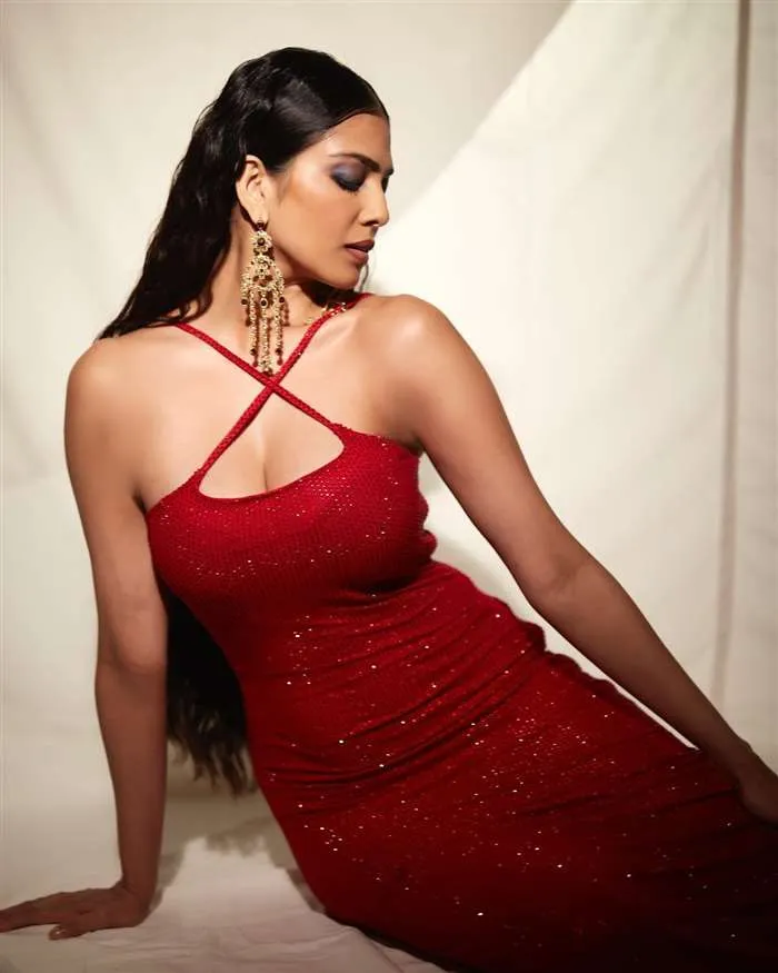 Stylish Click of Malavika Mohanan Striking Pose in Red Gown