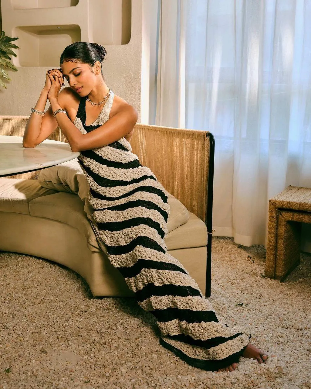 Sultry Malavika Mohanan Charming Look in Striped Gown Pose