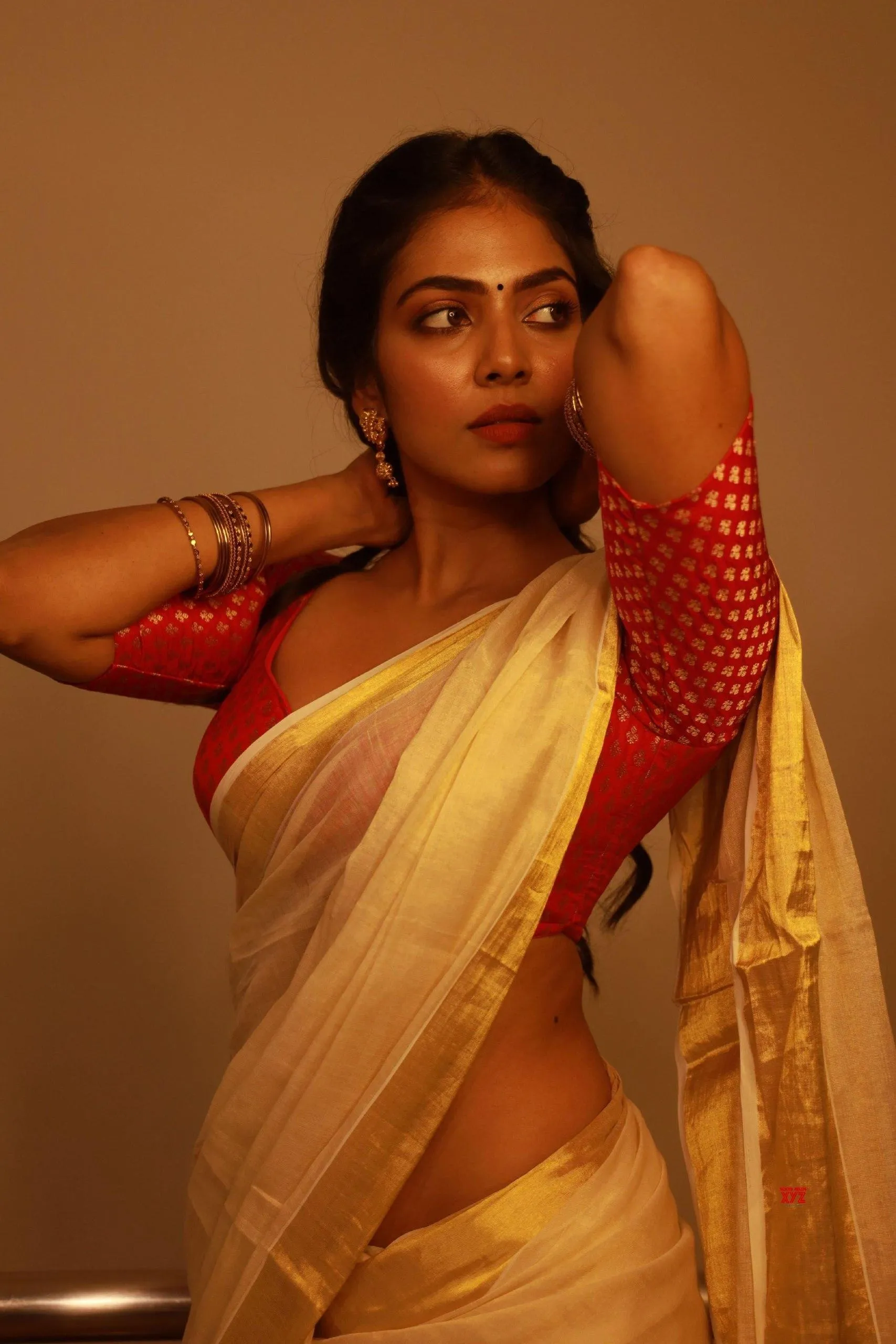 Sultry Malavika Mohanan in Golden Saree Traditional Pose