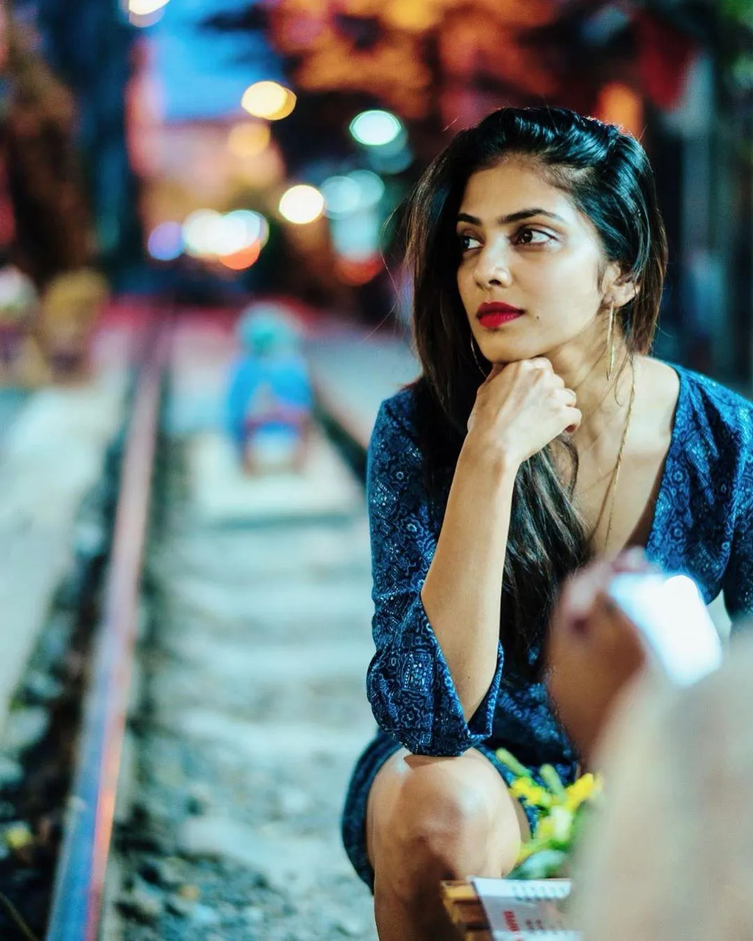Tempting Malavika Mohanan Wearing Blue Dress Night Photos