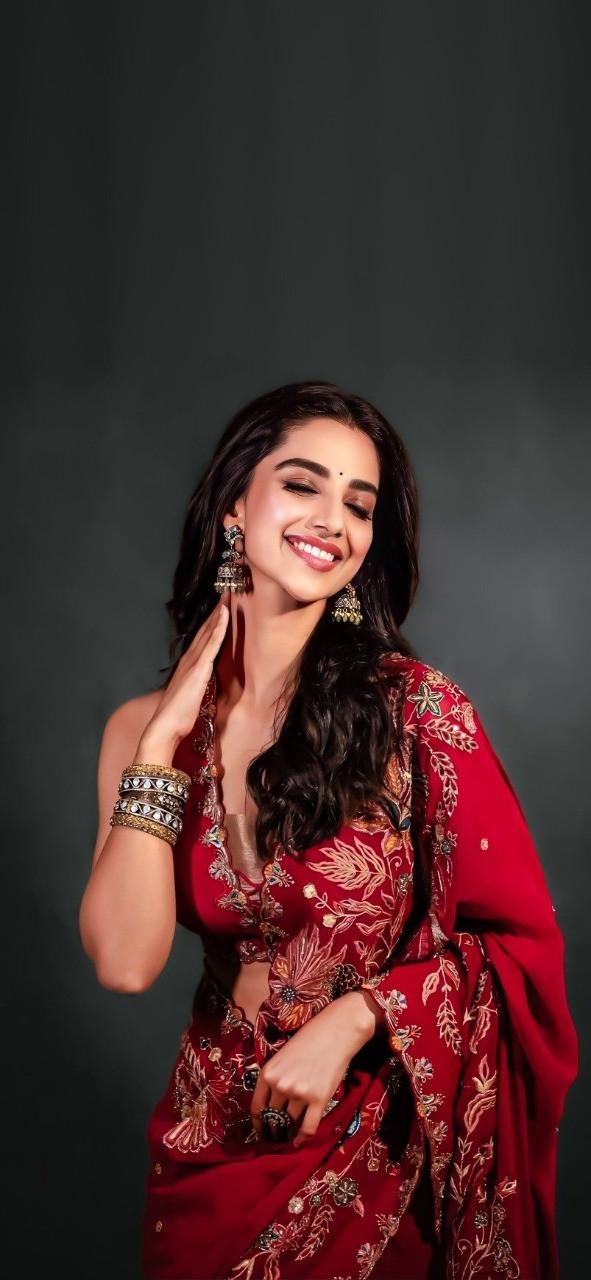 Meeakshi Chaudhary Red Saree Wallpaper