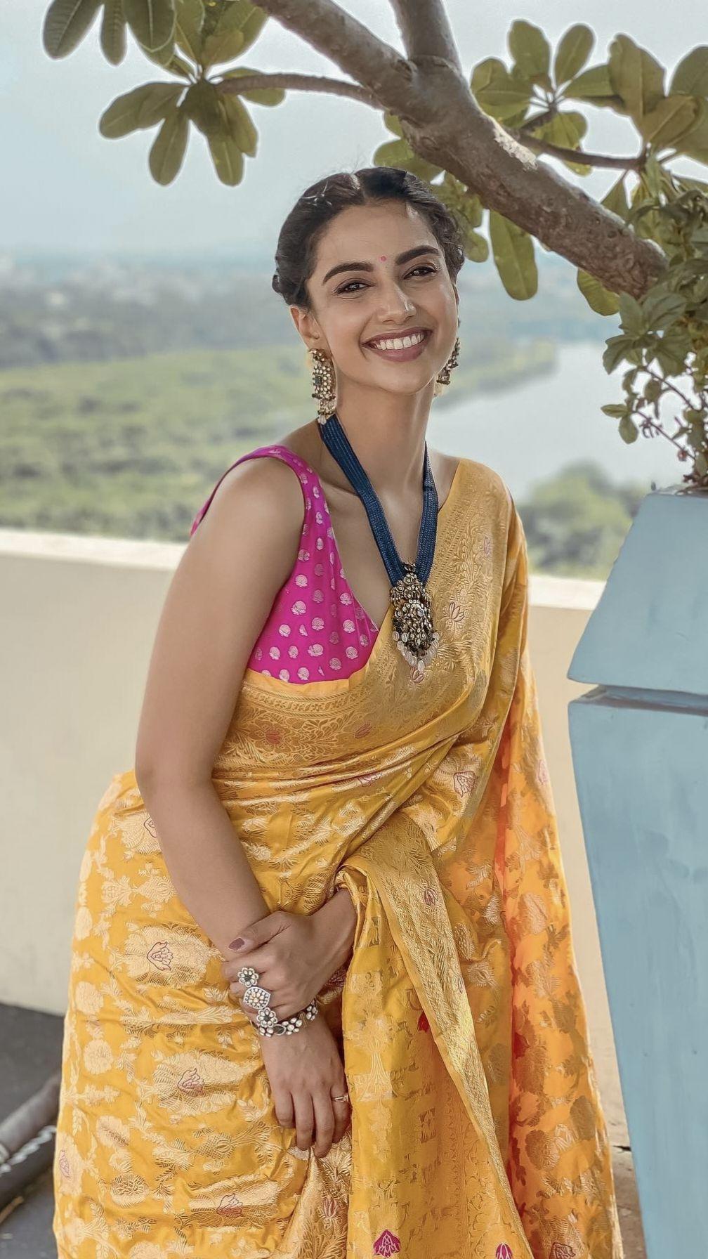 Meenakshi Chaudhary Yellow Saree HD Wallpaper