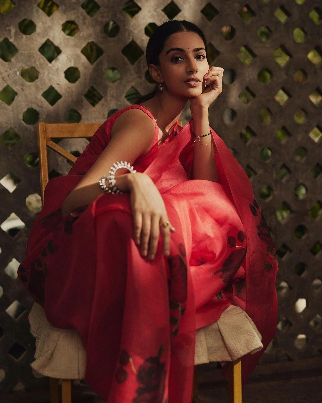 Meenakshi Chaudhary Red Saree HD Image