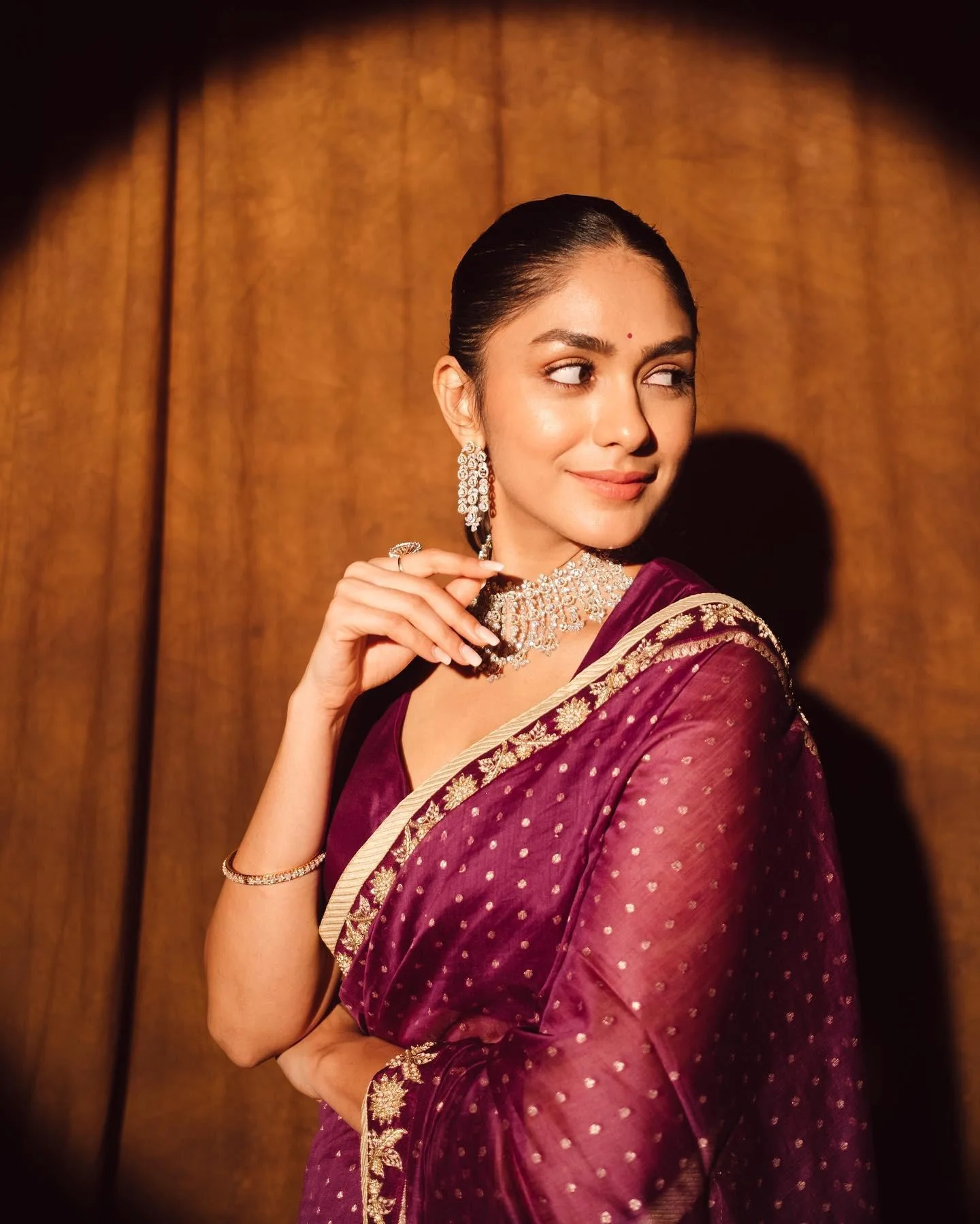 Actress Mrunal Thakur Glows in Elegant Purple Saree Hd Image