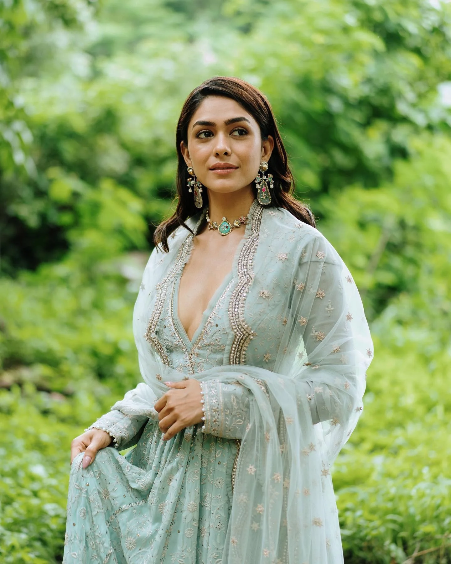 Actress Mrunal Thakur in Blue Traditional Saree HD Image