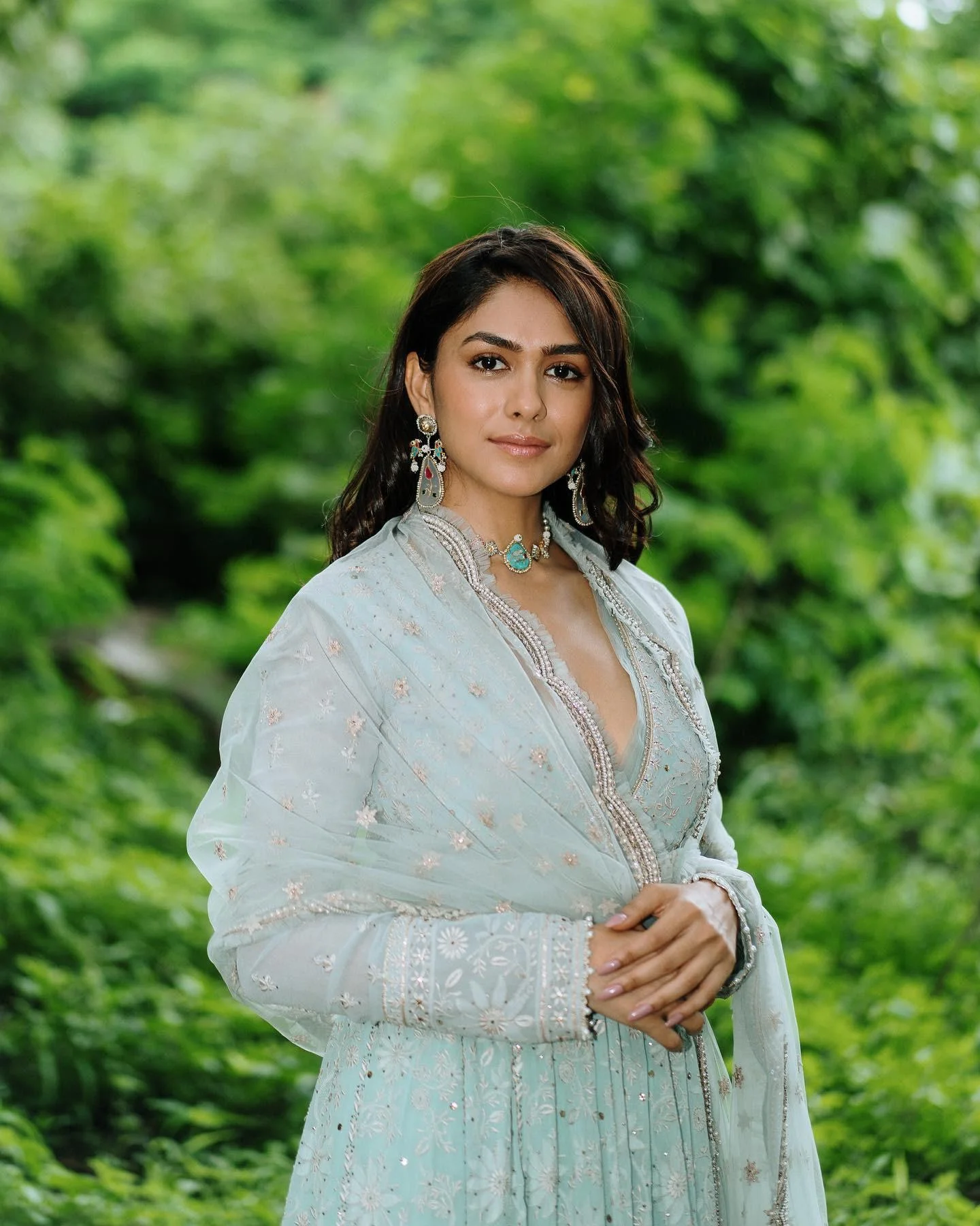 Actress Mrunal Thakur in Blue Traditional Saree Wallpaper