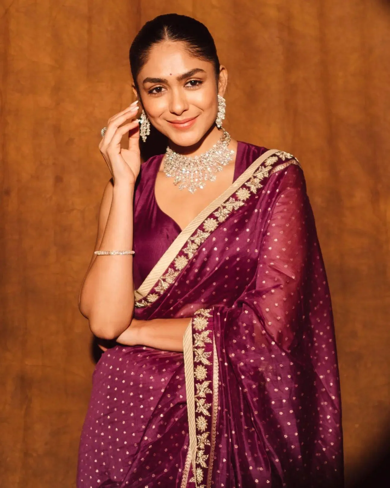 Mrunal Thakur Glows in Elegant Purple Saree Hd Wallpaper