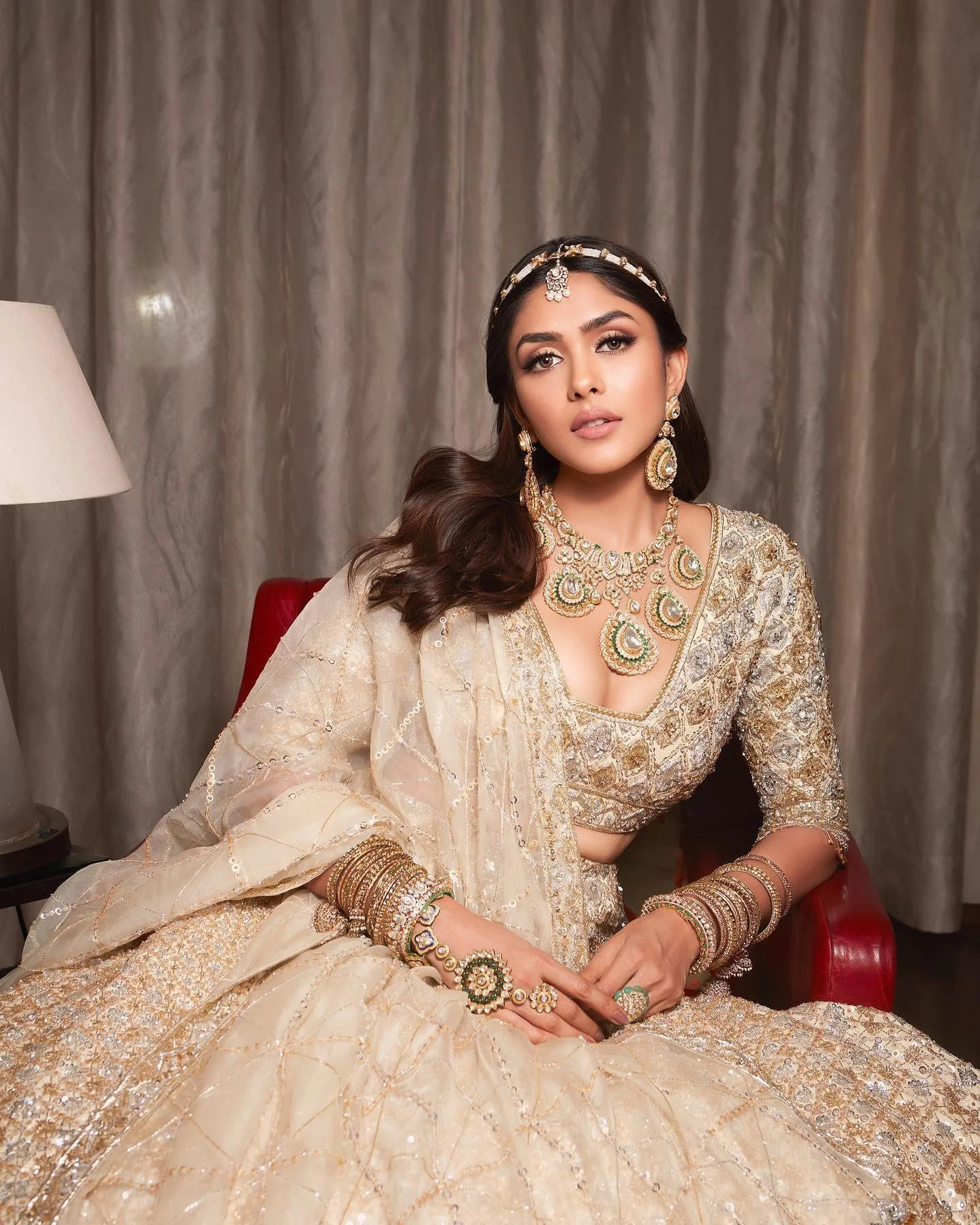 Mrunal Thakur Glows in Golden Bridal Lehenga Hd Wallpaper