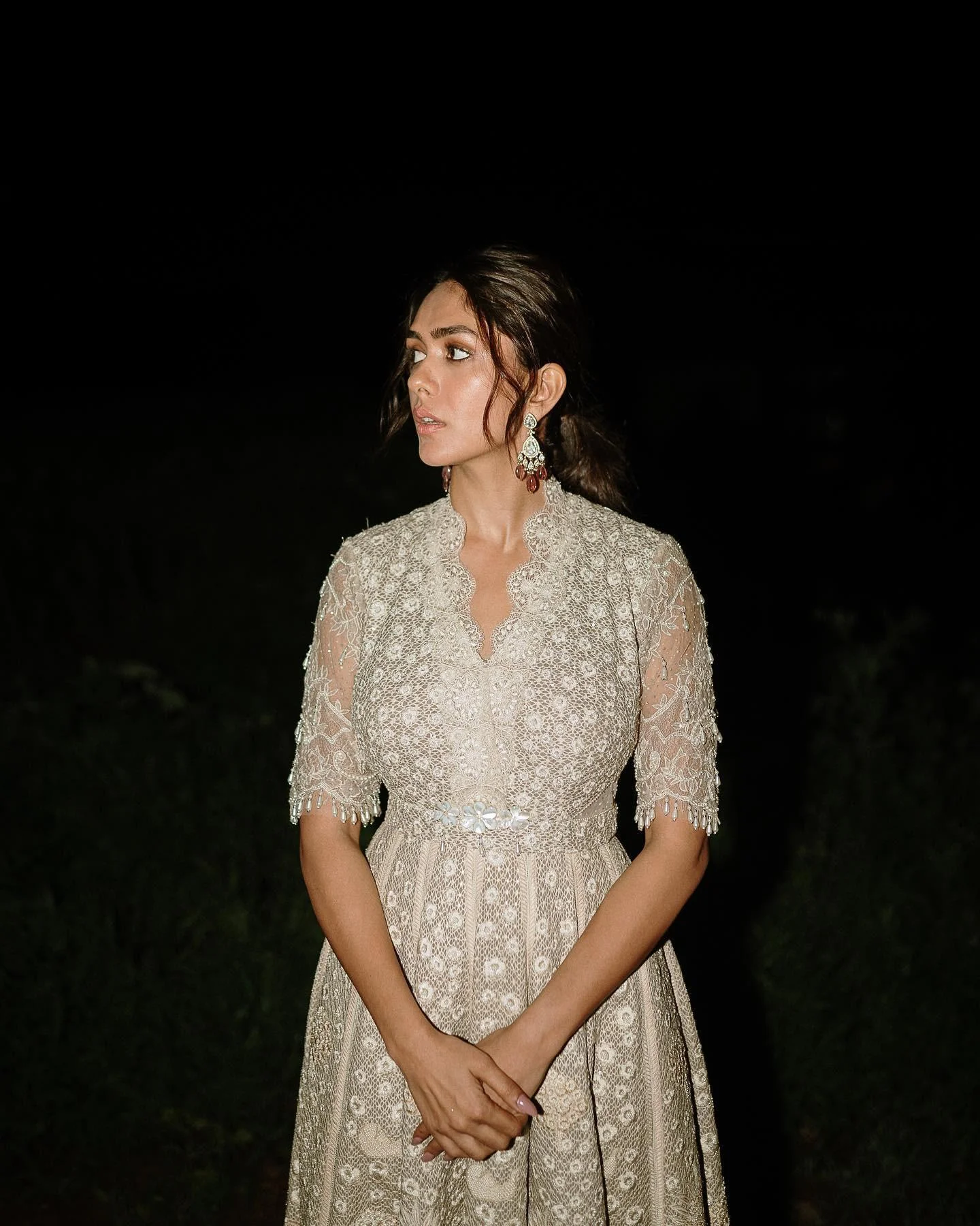 Mrunal Thakur in Embroidered Beige Lehenga Night Shot