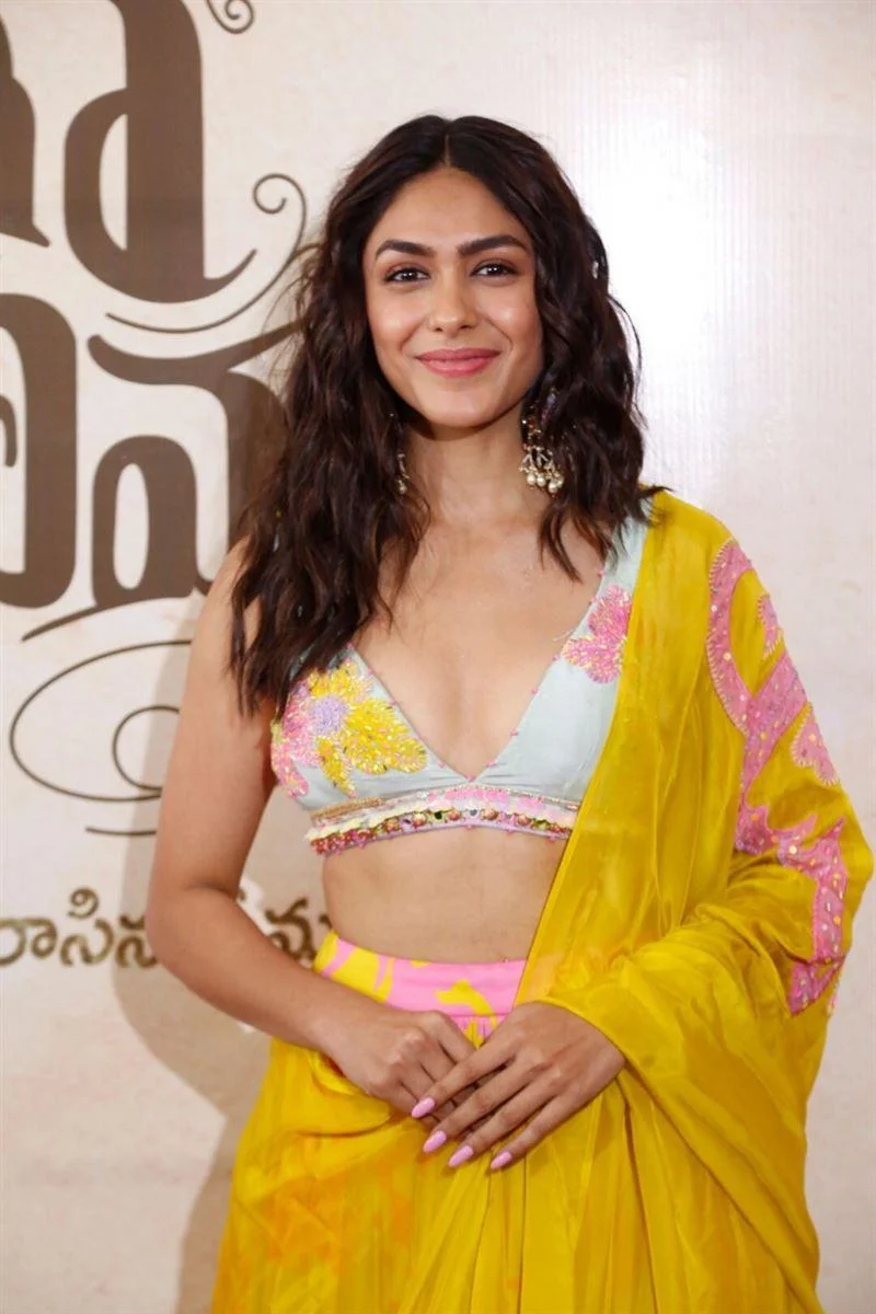 Mrunal Thakur in Yellow Traditional Half Saree HD Wallpaper
