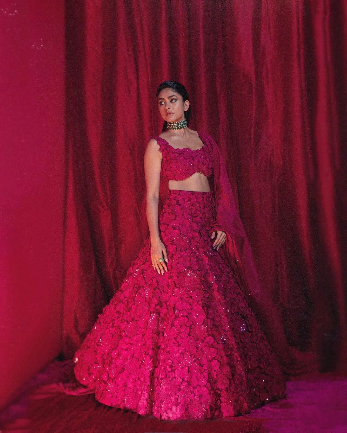 Mrunal Thakur Stuns in Red floral lehenga hD wallpaper