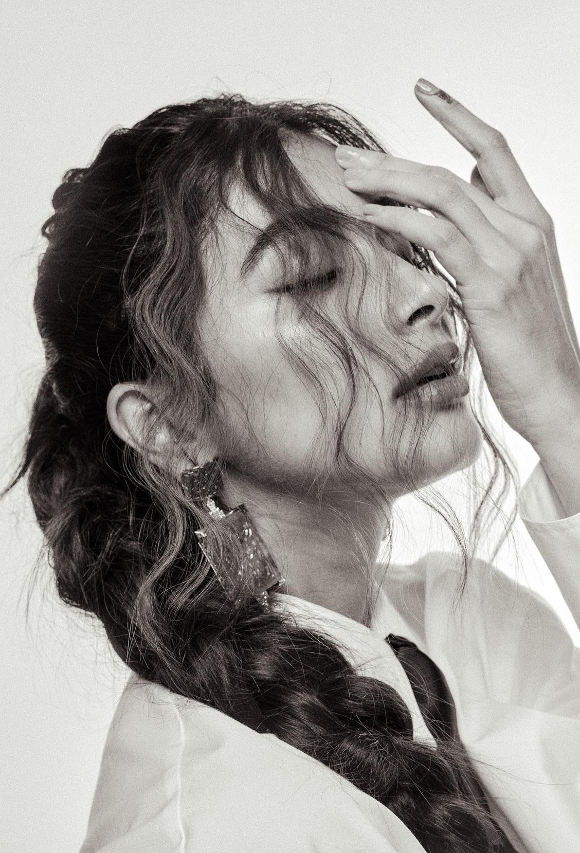 Artistic Black and White Shot of Pooja Hegde with Closed Eyes