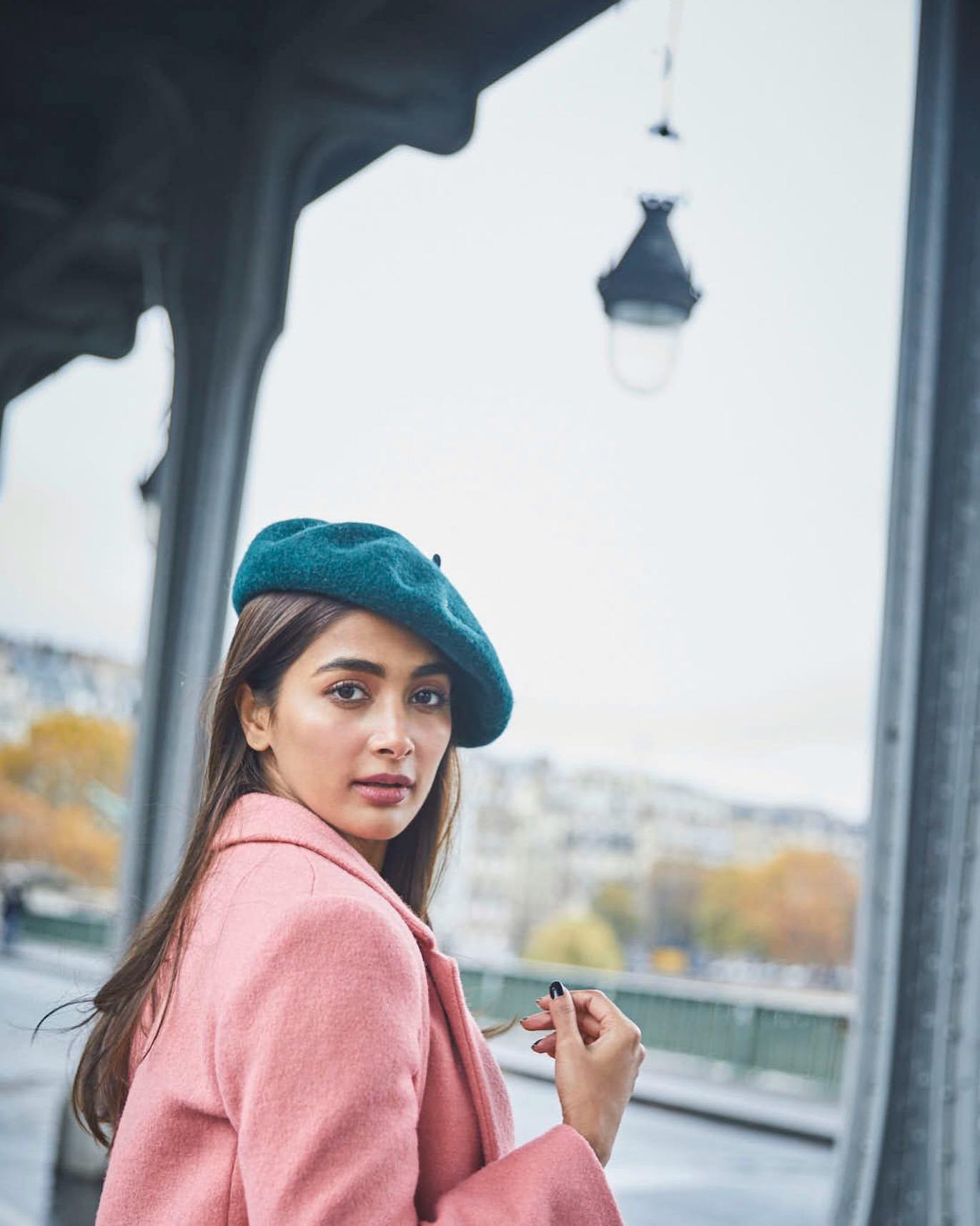 Chic Pooja Hegde Wearing Beret and Pink Coat on Street