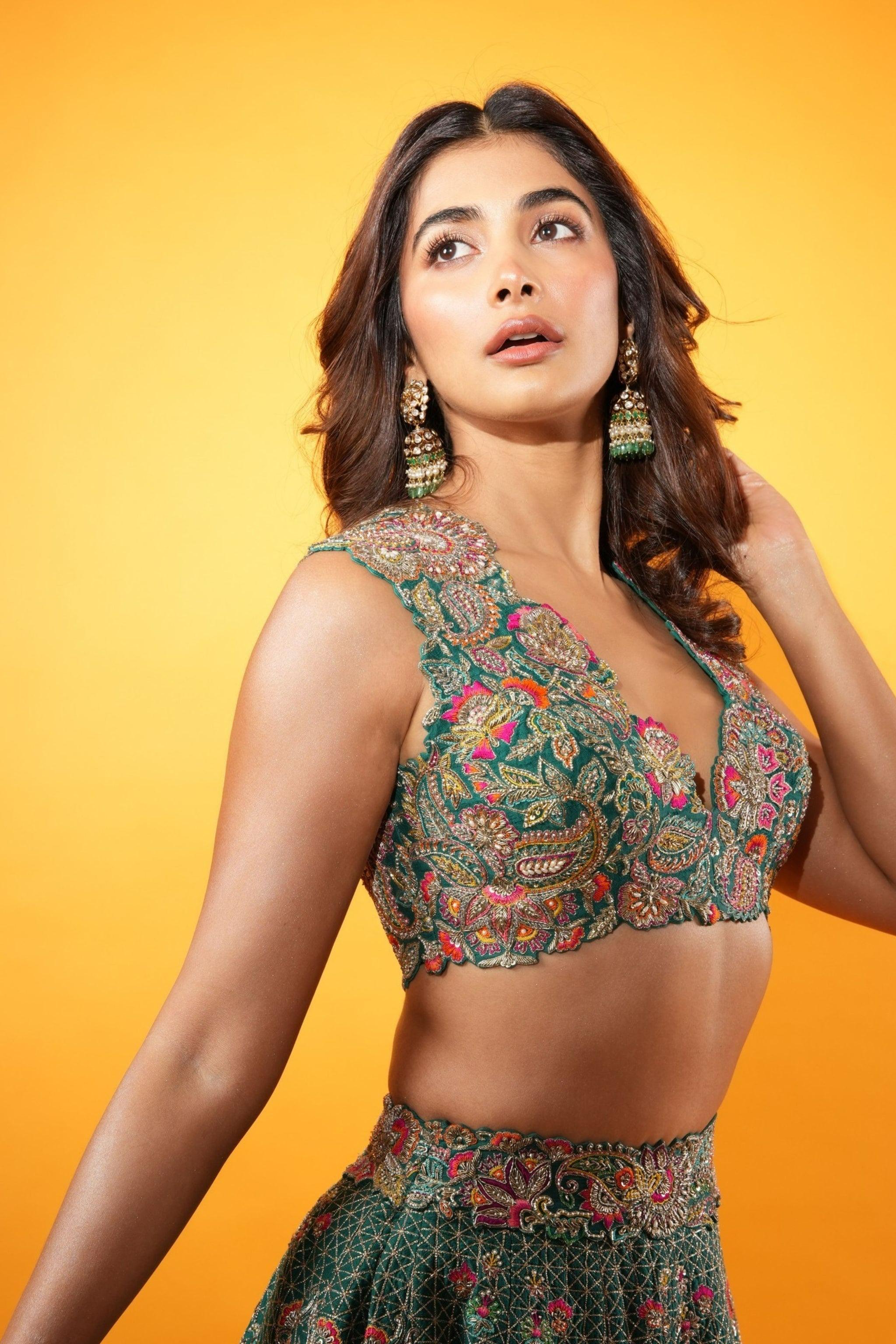 Confident Pooja Hegde Posing in Green Floral Crop Top