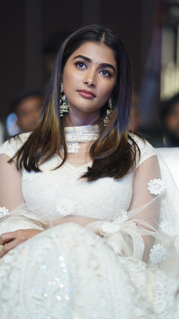 Graceful Pooja Hegde At Public Event in White Ethnic Gown