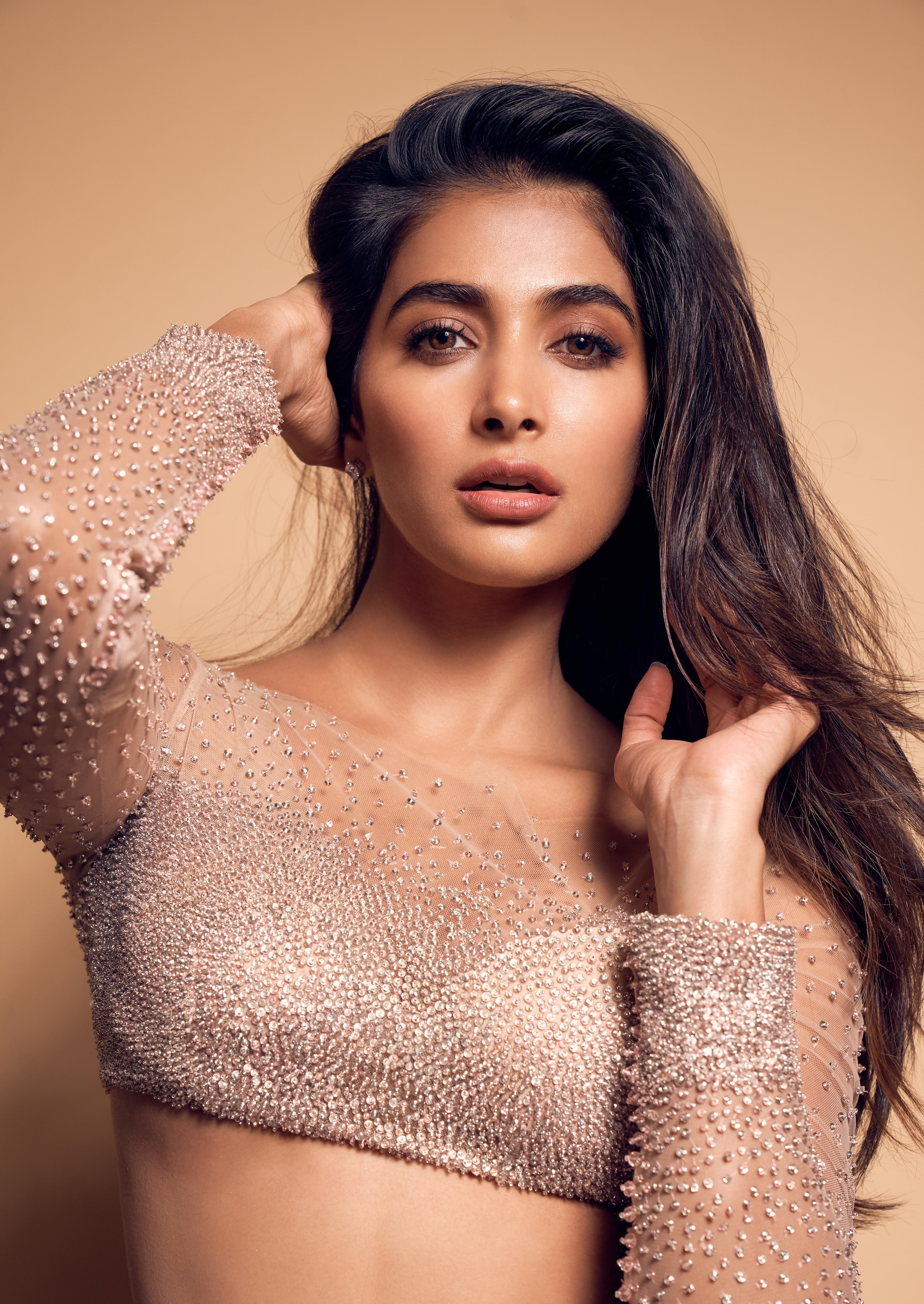 Graceful Pooja Hegde in Glitter Top with Soft Wave Hairstyle