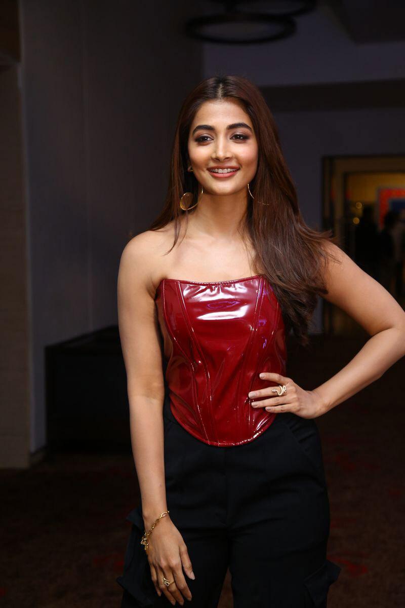 Modern and Stylish Pooja Hegde in Glossy Red and Black Outfit
