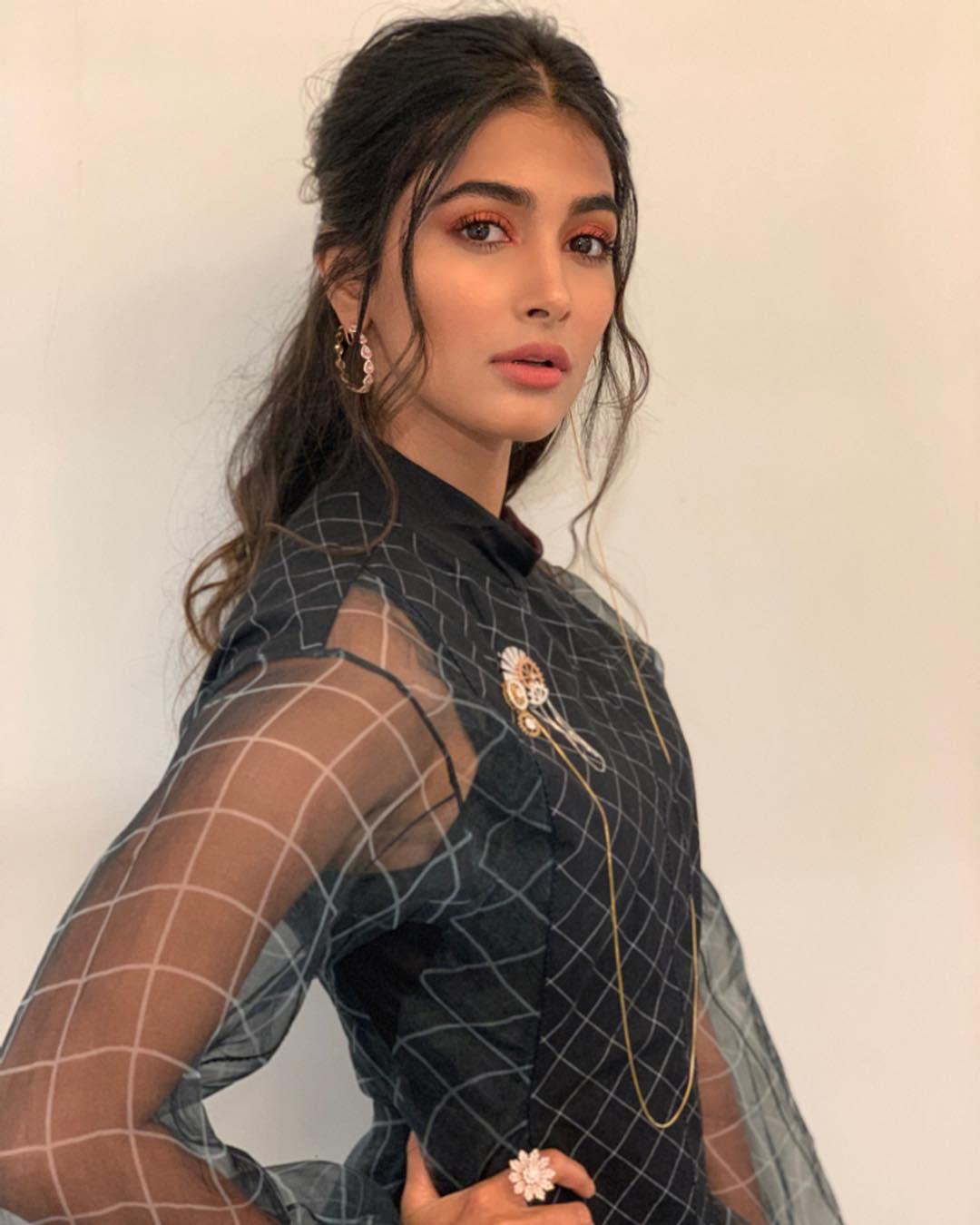 Modern Look of Pooja Hegde in Sheer Black Embroidered Dress