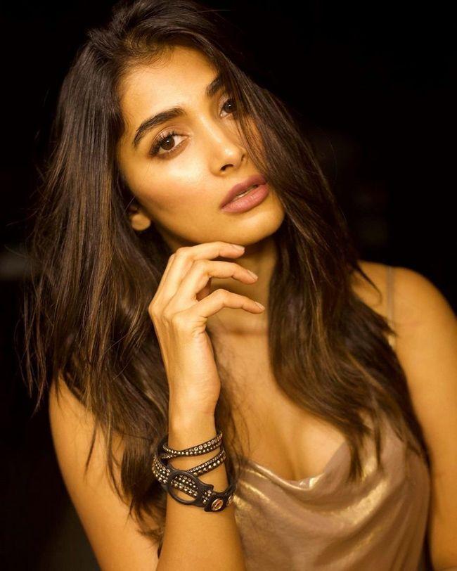 Natural Beauty of Pooja Hegde in Simple Gold Satin Dress