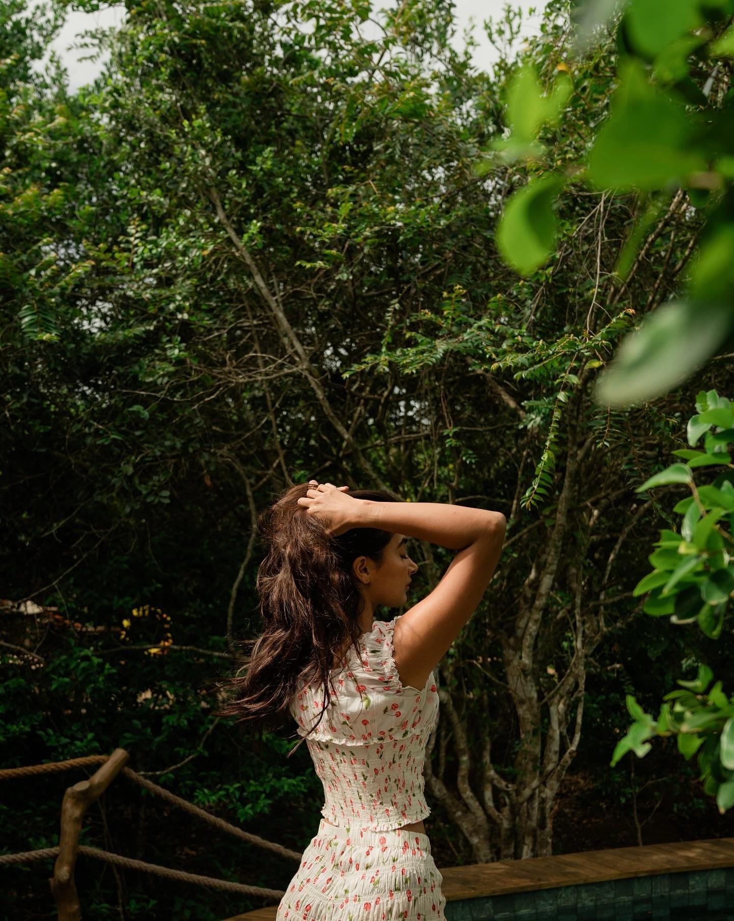 Pooja Hegde Admires Nature in a Sleeveless Printed Dress