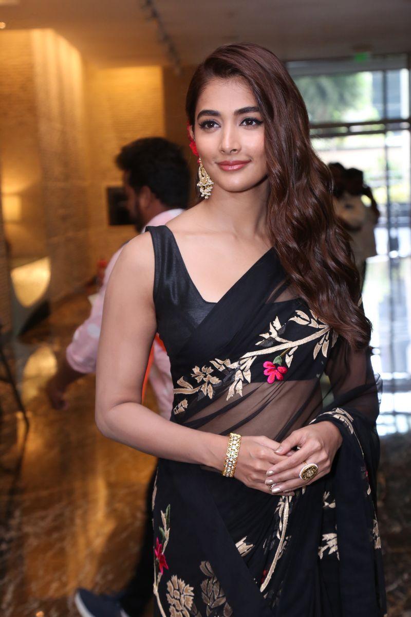 Pooja Hegde At Event in Modern Black Saree with Prints