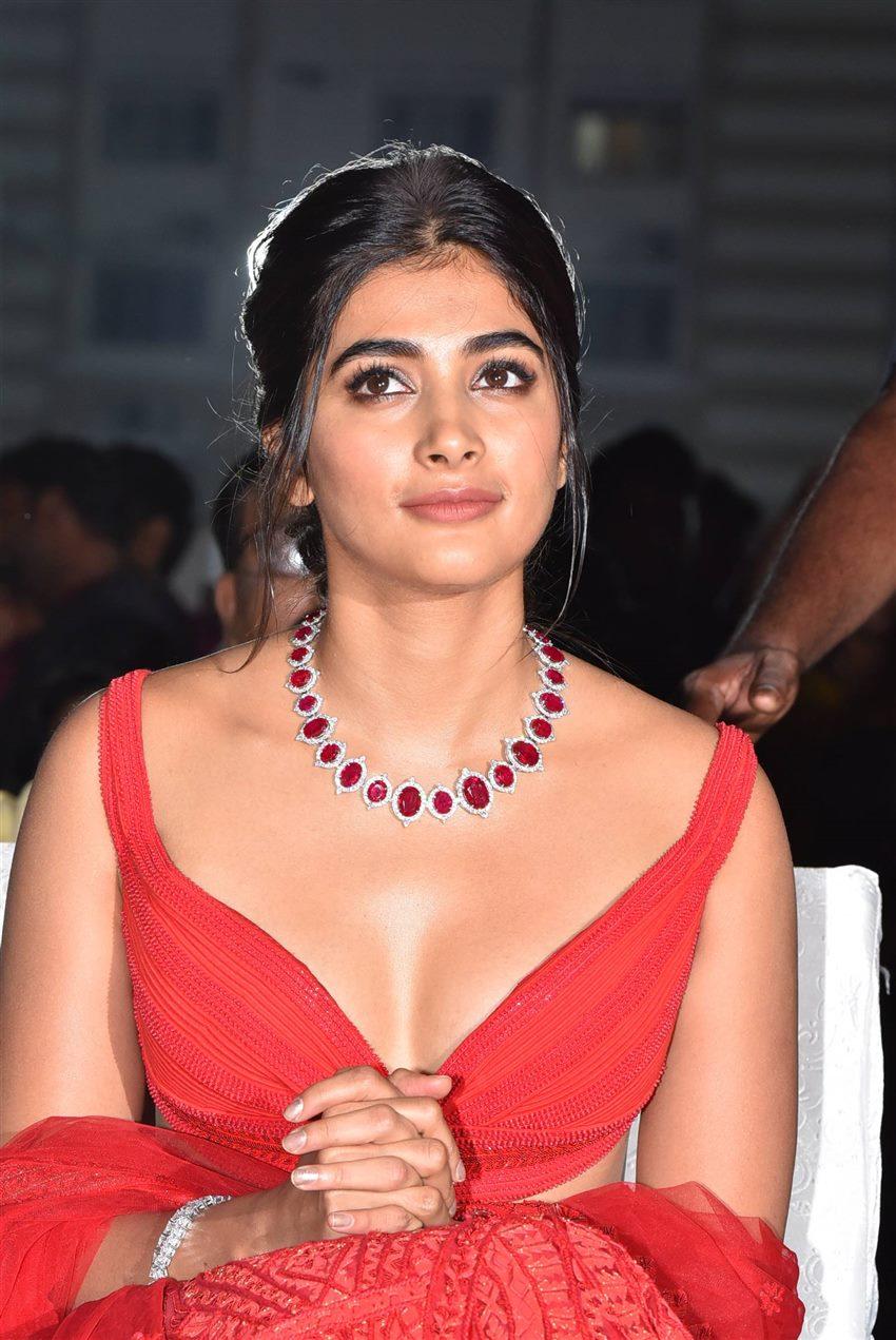 Pooja Hegde At Event in Red Gown and Purple Gemstone Set