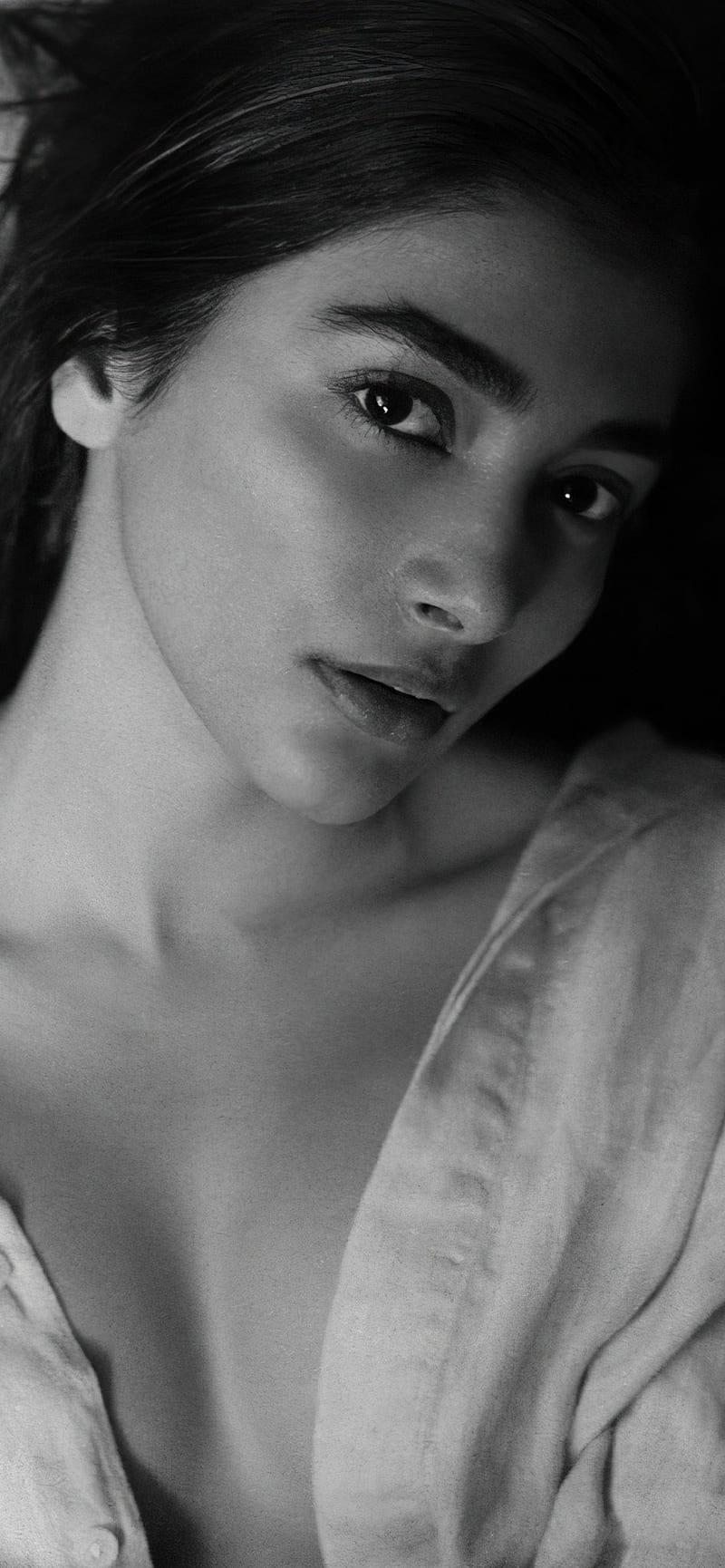 Pooja Hegde Black and White Portrait with Soft Gaze Image