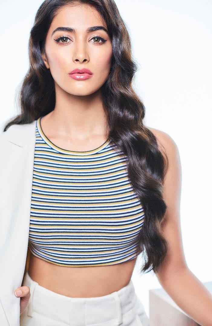 Pooja Hegde Casual Look with Striped Crop Top and Jacket