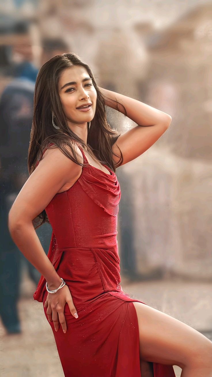 Pooja Hegde in a Stunning Sleeveless Red Gown Outdoors