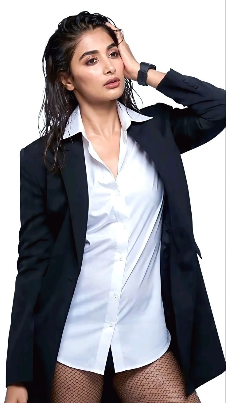 Pooja Hegde in a Stylish Formal Black and White Outfit