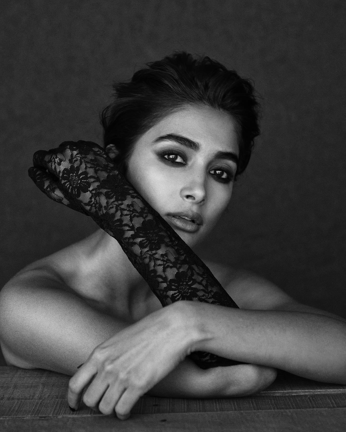 Pooja Hegde in Artistic Black and White Portrait Image