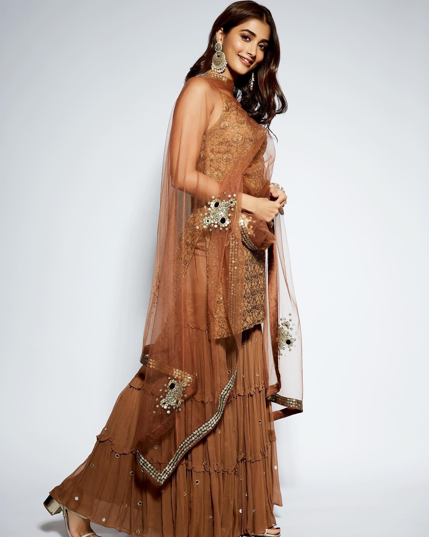 Pooja Hegde in Beautiful Brown Designer Anarkali Wallpaper