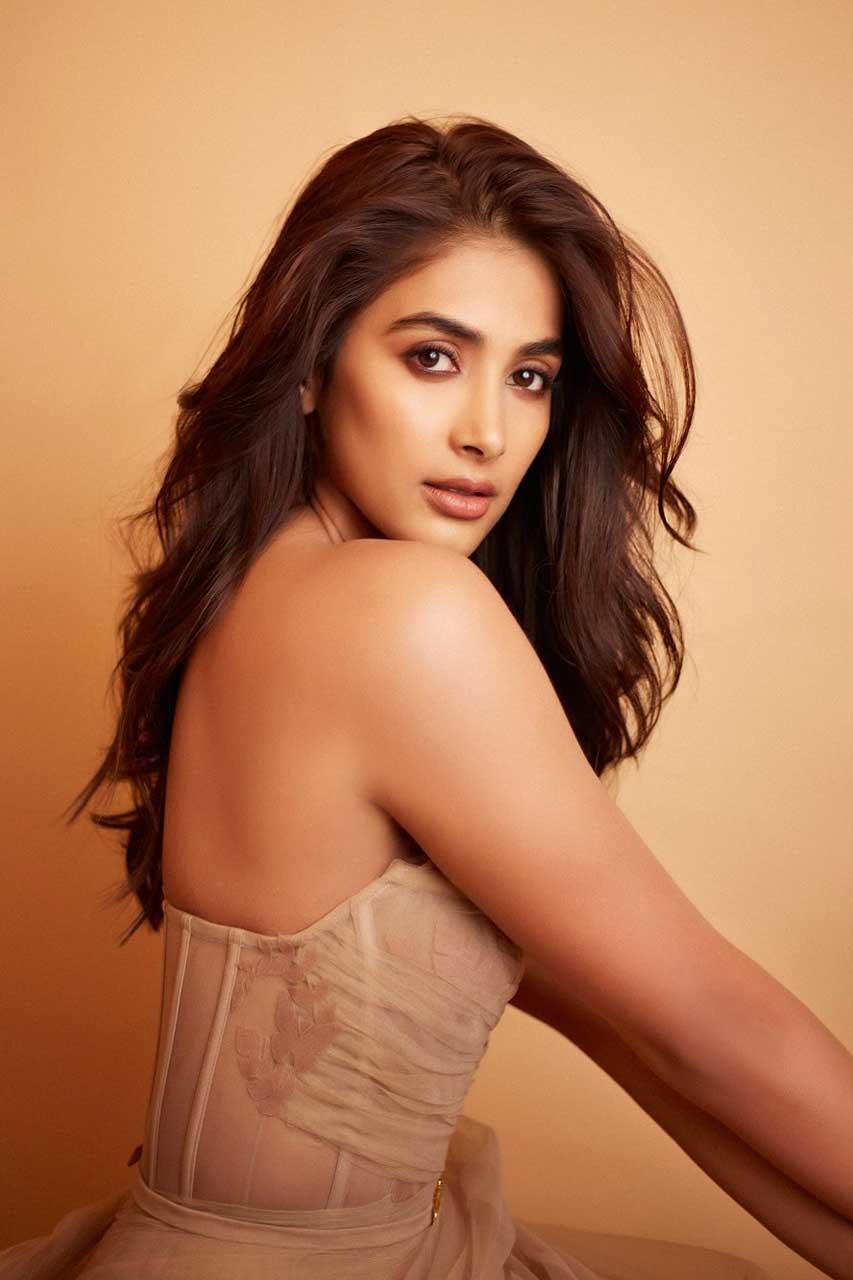 Pooja Hegde in Beige Off Shoulder Dress with Natural Expression