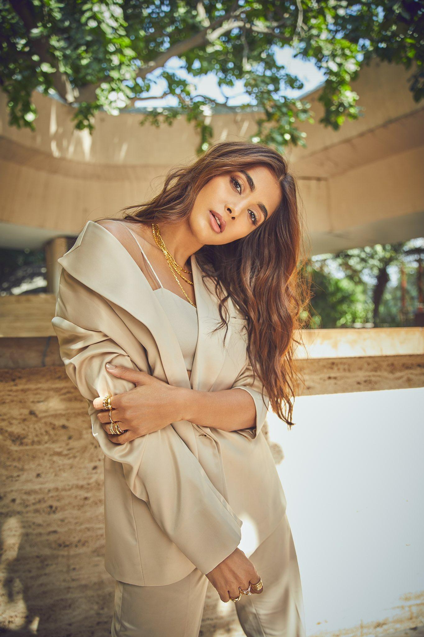 Pooja Hegde in Beige Outfit Posing Under Natural Light