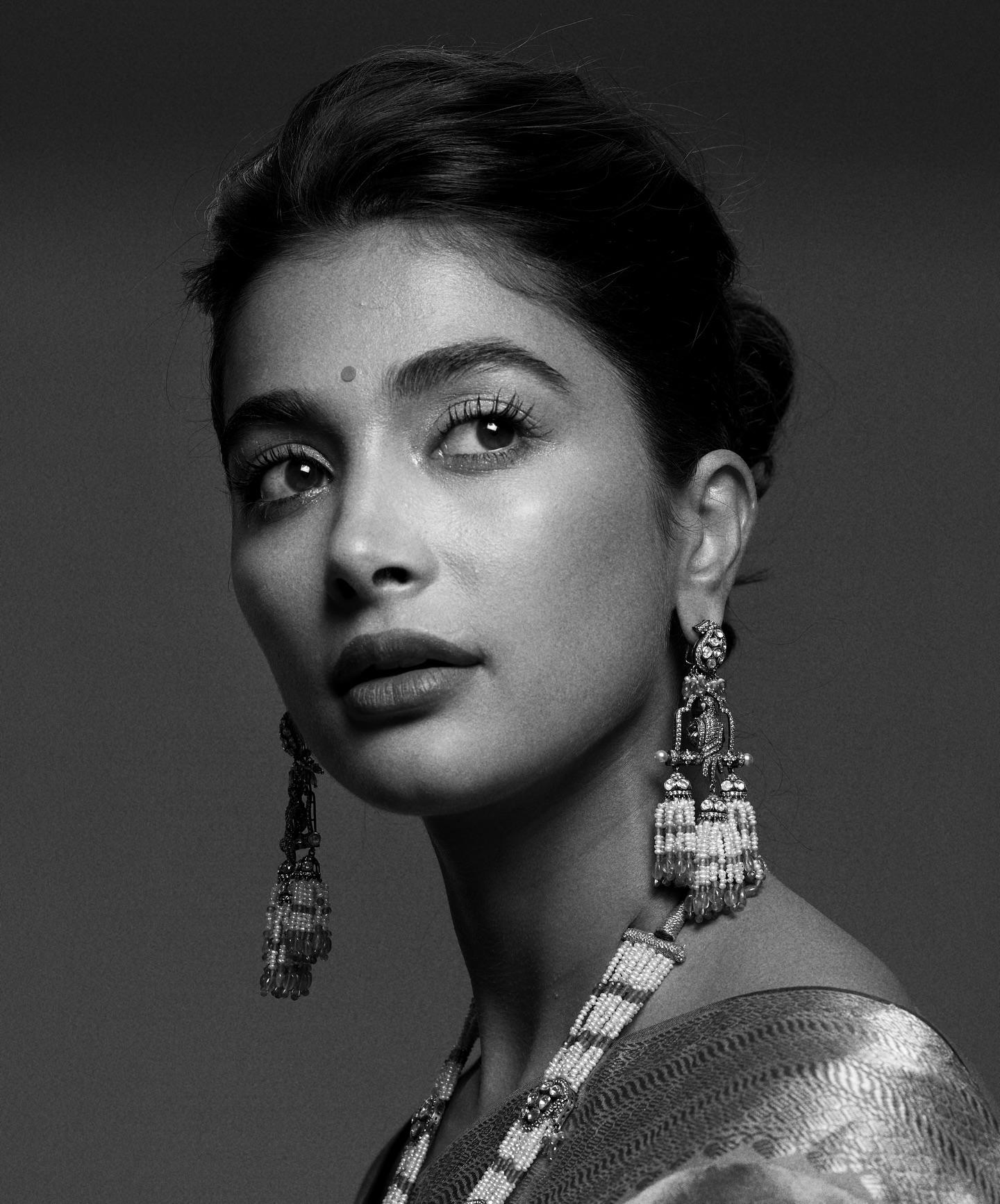 Pooja Hegde in Black and White Portrait with Jewelry Image