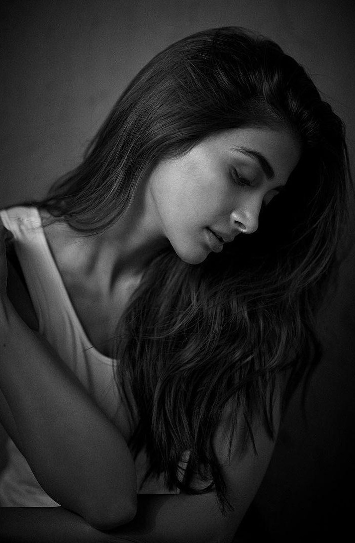 Pooja Hegde in Black and White Shot with Soft Lighting