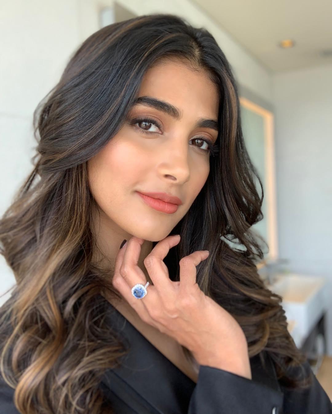 Pooja Hegde in Black Blazer with Soft Wavy Hair Wallpaper