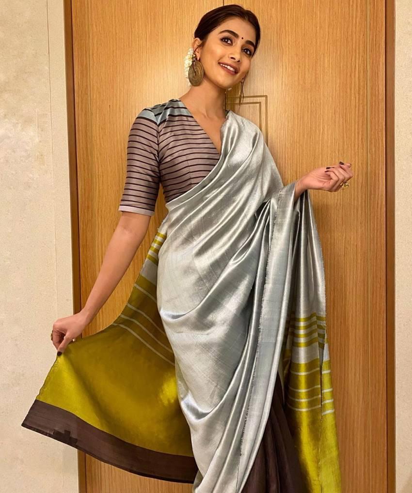 Pooja Hegde in Classic Saree with Striped Blouse Wallpaper