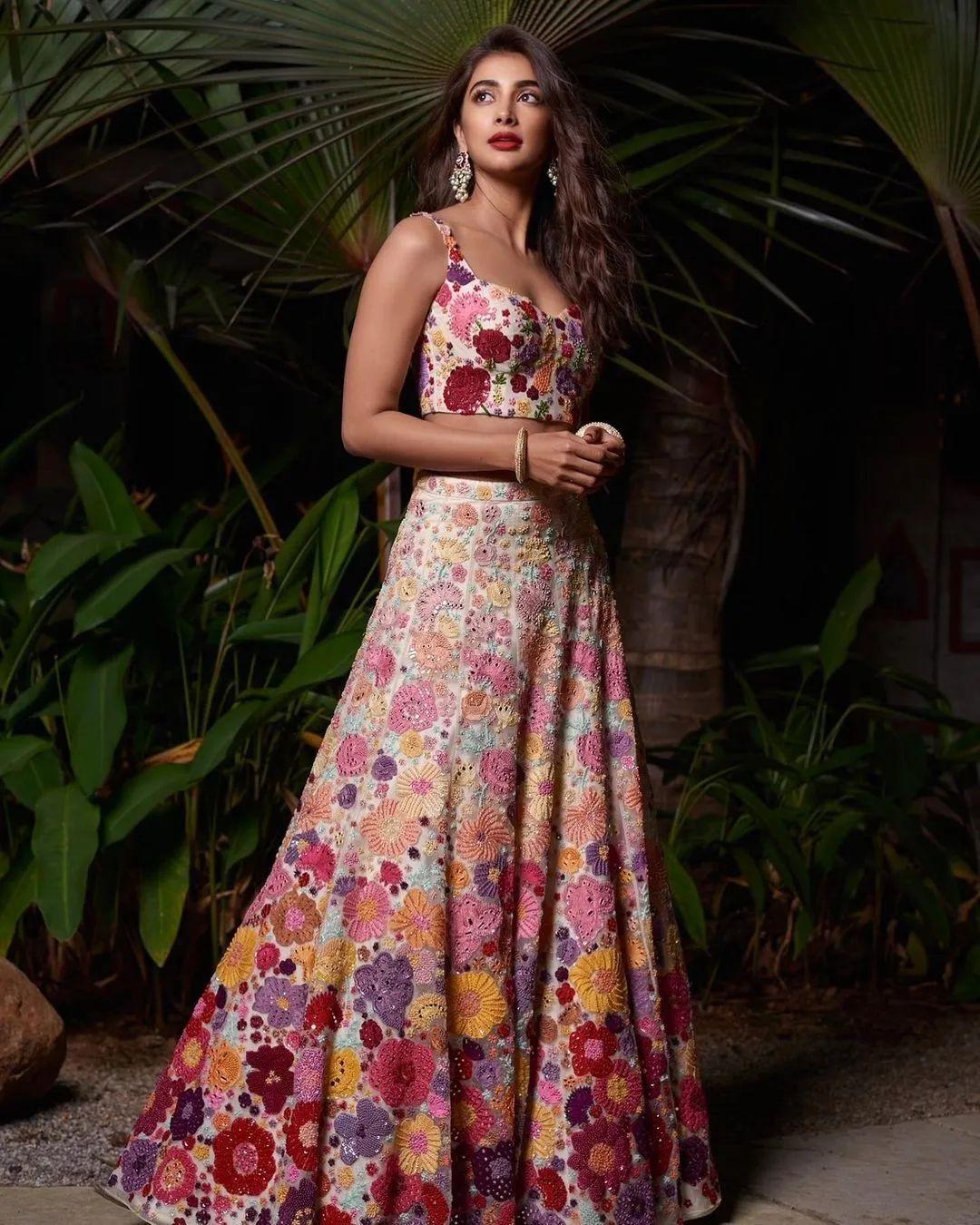 Pooja Hegde in Colorful Dress in Garden Setting Wallpaper