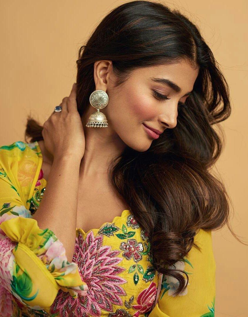 Pooja Hegde in Colorful Dress Smiling with Graceful Pose