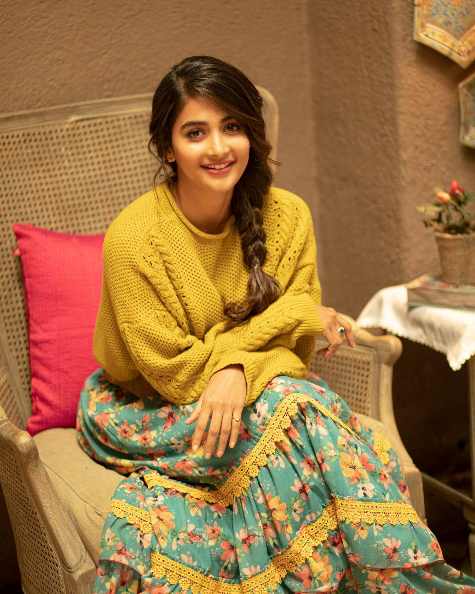 Pooja Hegde in Cozy Yellow Top and Colorful Skirt Indoors