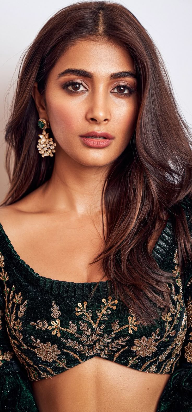 Pooja Hegde in Elegant Black Embroidered Blouse and Long Hair