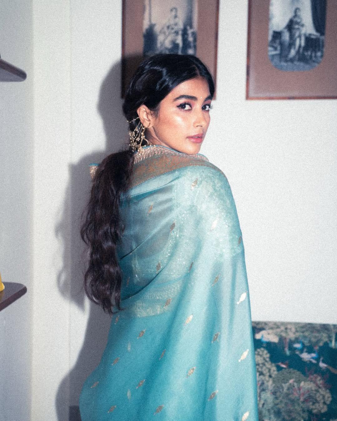 Pooja Hegde in Elegant Blue Saree with Simple Hairdo
