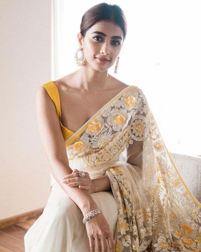 Pooja Hegde in Elegant Yellow and White Saree Look