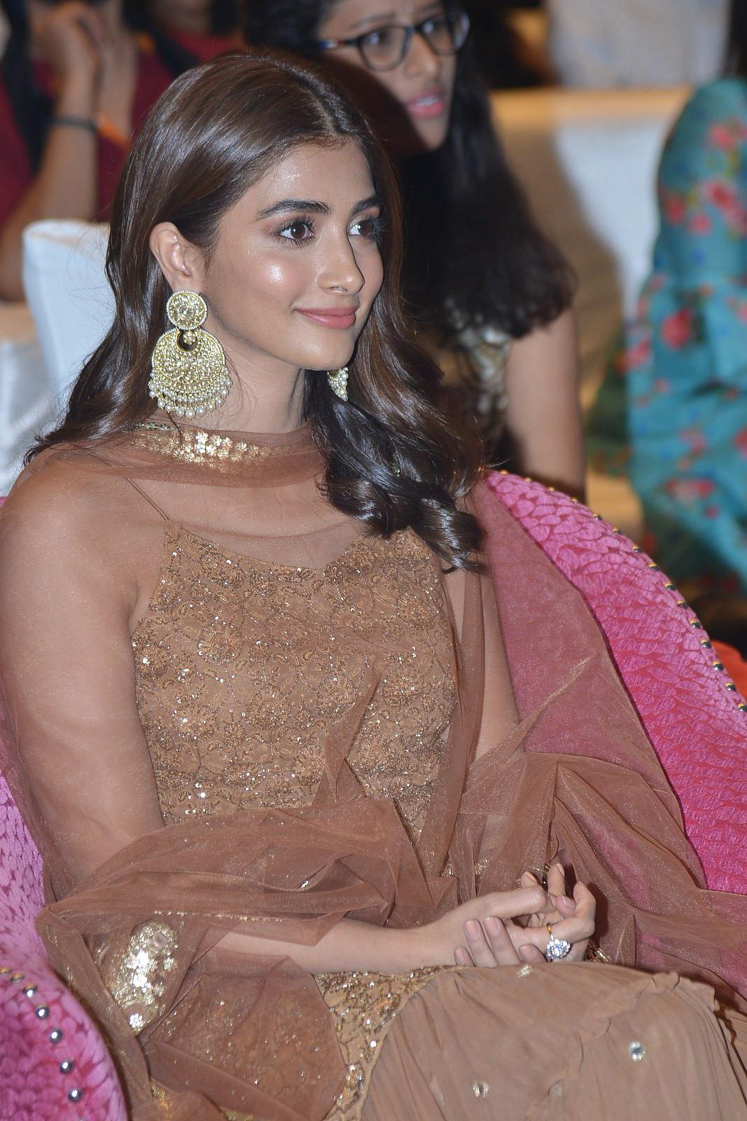 Pooja Hegde in Ethnic Brown Outfit with Golden Earrings