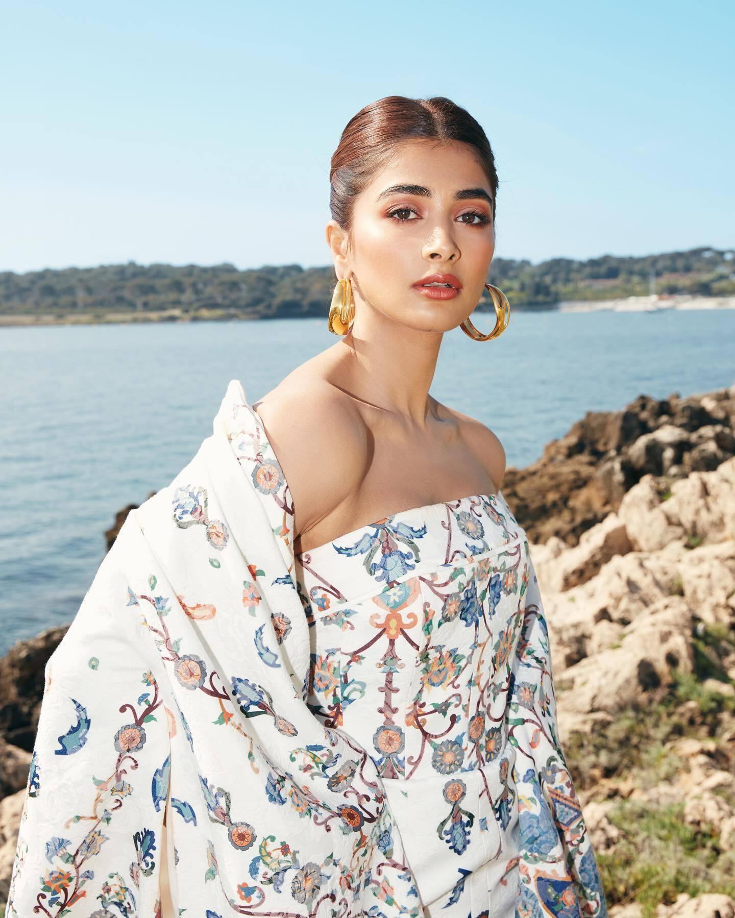 Pooja Hegde in Floral Off Shoulder Dress Near the Sea