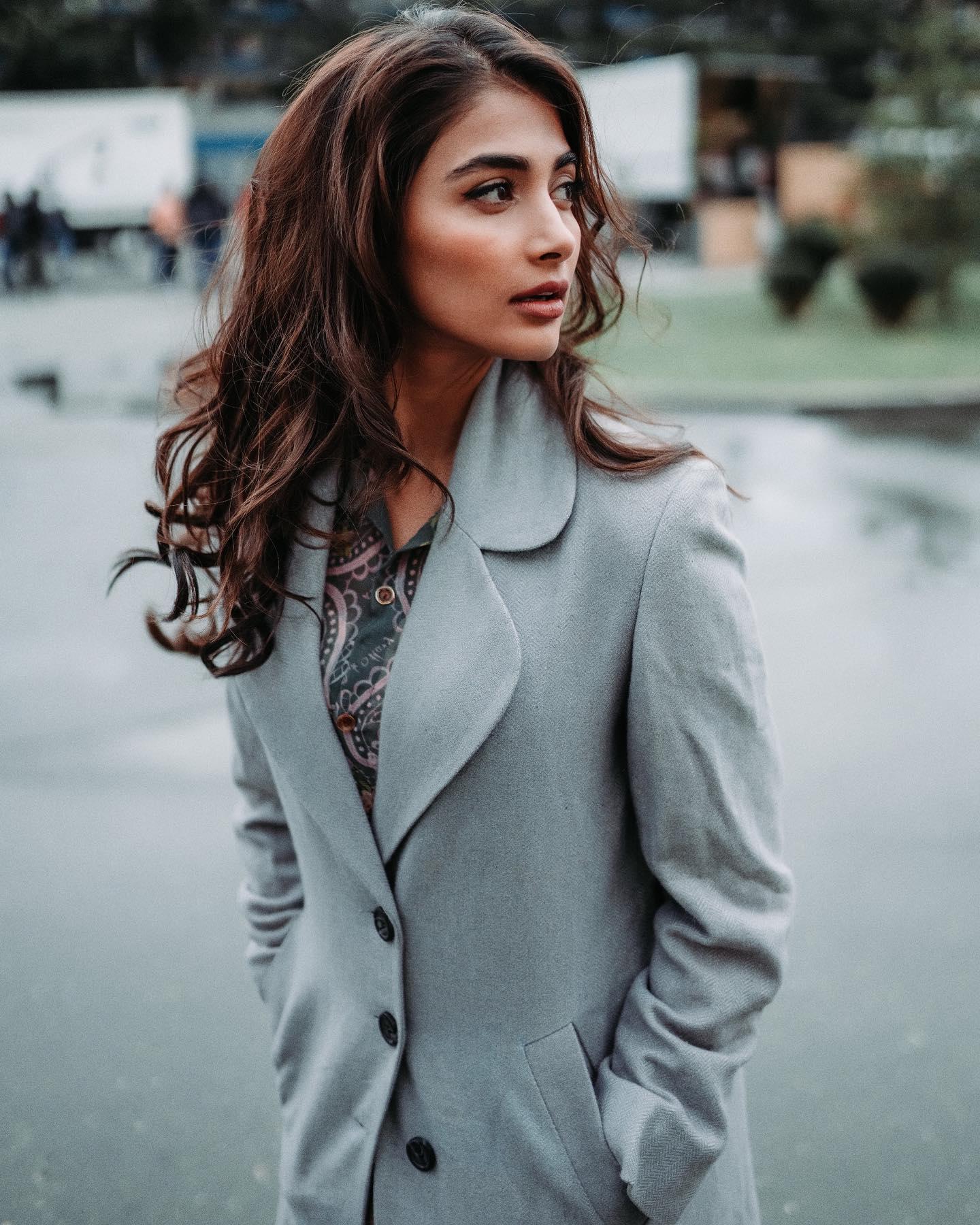 Pooja Hegde in Grey Coat Standing Near Foggy Lake Wallpaper