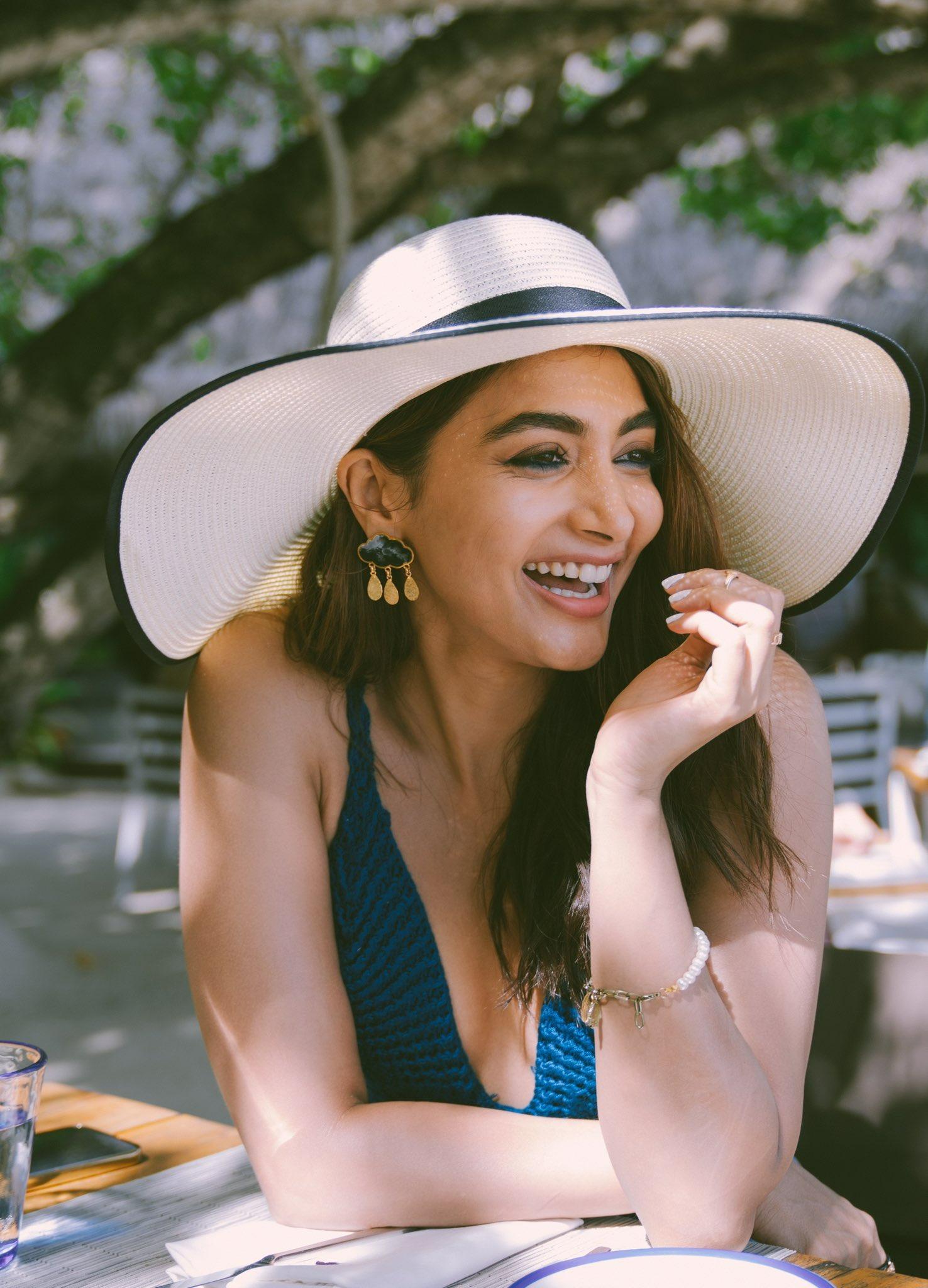 Pooja Hegde in Hat and Blue Dress Enjoying Sunny Weather